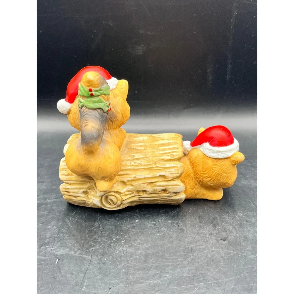 Vtg RR Roman Ceramic Raccoon Log‎ Christmas Holiday Figurine Santa Hats 5